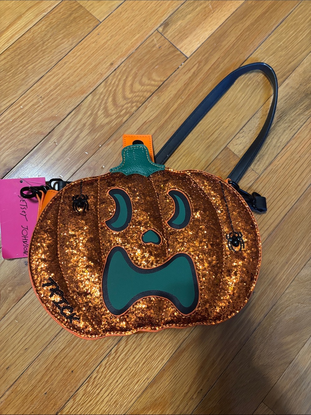 Betsey Johnson Orange Glitter Pumpkin Crossbody with Green Face Accents